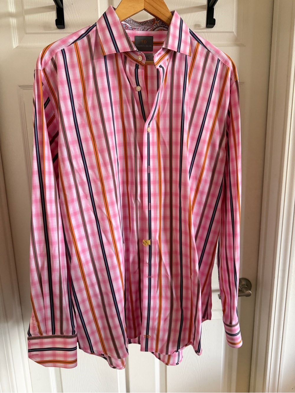 Thomas Dean Pink Striped Button-Down Shirt with Navy & Orange Accents